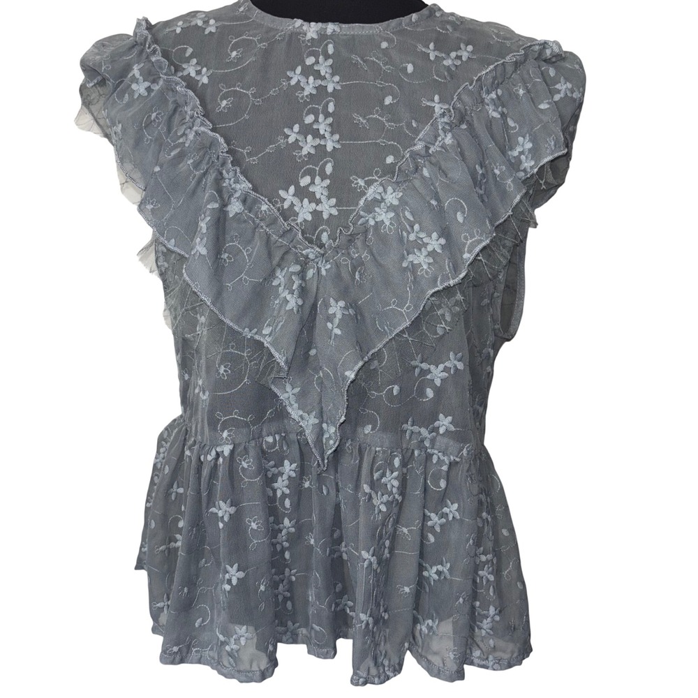 POL Women Large Gray Cottagecore Fairy Boho Floral Mesh Ruffle Top‎